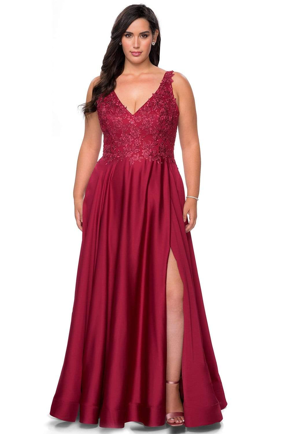 La Femme - 29039 Lace Bodice High Slit Junior Prom Satin Gown
