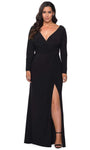 Sophisticated V-neck Sheath Natural Waistline Long Sleeves Back Zipper Ruched V Back Fitted Jersey Plunging Neck Sheath Dress/Evening Dress with a Brush/Sweep Train