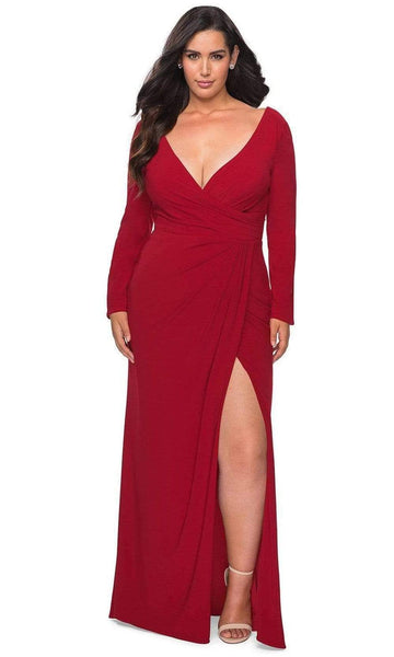 Sophisticated V-neck Jersey Plunging Neck Sheath Back Zipper Fitted Ruched V Back Natural Waistline Long Sleeves Sheath Dress/Evening Dress with a Brush/Sweep Train