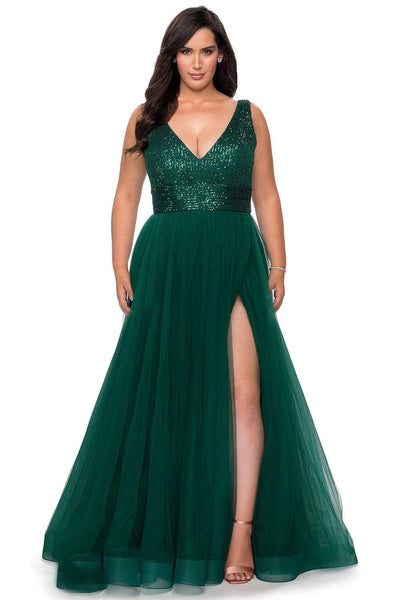 Sophisticated A-line V-neck Fall Sleeveless Empire Waistline Tulle Pocketed Slit Open-Back Sequined Back Zipper Prom Dress with a Brush/Sweep Train
