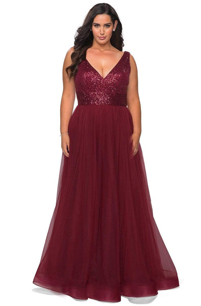 Sophisticated A-line V-neck Tulle Fall Sleeveless Open-Back Slit Sequined Back Zipper Pocketed Empire Waistline Prom Dress with a Brush/Sweep Train