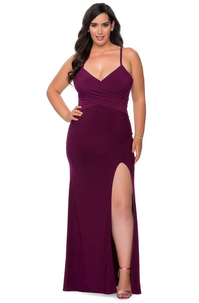 Plus Size V-neck Sheath Jersey Natural Waistline Sleeveless Spaghetti Strap Fall Floor Length Fitted Slit Ruched Open-Back Sheath Dress/Prom Dress with a Brush/Sweep Train