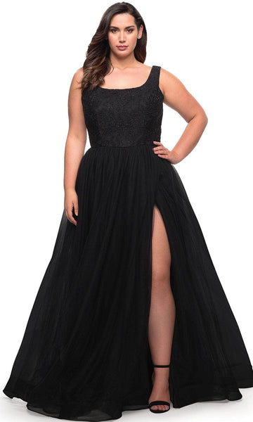 Plus Size A-line Scoop Neck Tulle Natural Waistline Sleeveless General Print Beaded Fitted Slit Back Zipper Prom Dress