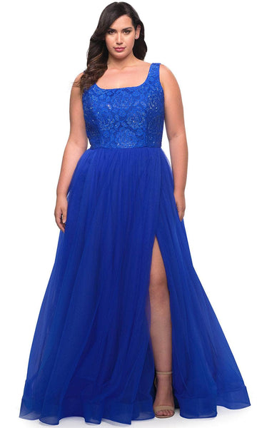 Plus Size A-line General Print Sleeveless Natural Waistline Tulle Scoop Neck Fitted Slit Beaded Back Zipper Prom Dress