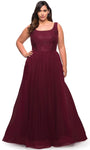 Plus Size A-line Tulle Natural Waistline Beaded Slit Back Zipper Fitted Sleeveless General Print Scoop Neck Prom Dress