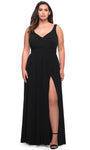 Plus Size Sophisticated A-line V-neck Sleeveless Floor Length Empire Natural Waistline Fitted Ruched Back Zipper Slit Prom Dress with a Brush/Sweep Train