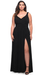 Plus Size Sophisticated A-line V-neck Slit Ruched Fitted Back Zipper Empire Natural Waistline Floor Length Sleeveless Prom Dress with a Brush/Sweep Train