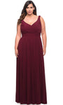 Plus Size Sophisticated A-line V-neck Sleeveless Floor Length Empire Natural Waistline Ruched Fitted Slit Back Zipper Prom Dress with a Brush/Sweep Train