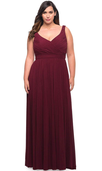 Plus Size Sophisticated A-line V-neck Empire Natural Waistline Sleeveless Floor Length Slit Ruched Fitted Back Zipper Prom Dress with a Brush/Sweep Train