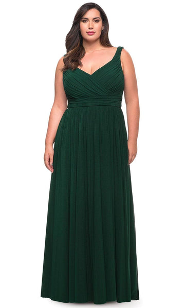 Plus Size Sophisticated A-line V-neck Empire Natural Waistline Floor Length Sleeveless Fitted Ruched Back Zipper Slit Prom Dress with a Brush/Sweep Train