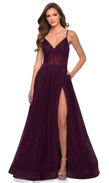 A-line V-neck Sleeveless Natural Waistline Slit Gathered Semi Sheer Pocketed Open-Back Hidden Back Zipper Fitted Floor Length Tulle Evening Dress/Prom Dress