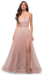 A-line V-neck Floor Length Sleeveless Tulle Natural Waistline Pocketed Open-Back Slit Semi Sheer Gathered Hidden Back Zipper Fitted Evening Dress/Prom Dress