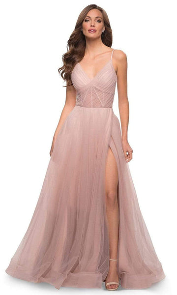 A-line V-neck Natural Waistline Sleeveless Tulle Hidden Back Zipper Gathered Pocketed Open-Back Fitted Slit Semi Sheer Floor Length Evening Dress/Prom Dress