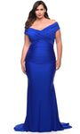 Tall Plus Size Sophisticated V-neck Short Sleeves Sleeves Off the Shoulder Back Zipper Wrap Ruched Fitted Mermaid Natural Waistline Jersey Evening Dress/Prom Dress/Party Dress with a Brush/Sweep Train