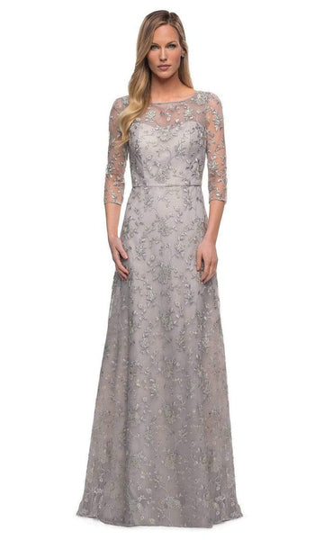 A-line Floor Length Floral Print Natural Waistline Lace Sheer Embroidered Illusion V Back Back Zipper Mother-of-the-Bride Dress with a Brush/Sweep Train