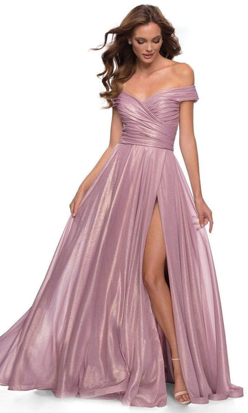Tall A-line Back Zipper Fitted Slit Pleated Floor Length Fit-and-Flare Off the Shoulder Sweetheart Natural Waistline Dress with a Brush/Sweep Train