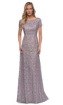Modest A-line Lace Jeweled Neck Short Sleeves Sleeves Natural Waistline Back Zipper Embroidered Sheer Floor Length Evening Dress/Mother-of-the-Bride Dress with a Brush/Sweep Train