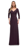V-neck Natural Waistline Sheath 3/4 Sleeves Floor Length Back Zipper Ruched Fitted Jersey Sheath Dress/Evening Dress