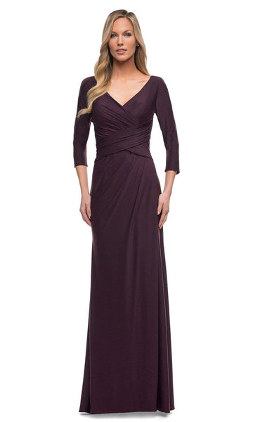 V-neck Sheath Natural Waistline Jersey 3/4 Sleeves Back Zipper Fitted Ruched Floor Length Sheath Dress/Evening Dress