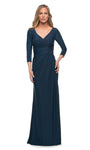 V-neck 3/4 Sleeves Natural Waistline Floor Length Back Zipper Fitted Ruched Sheath Jersey Sheath Dress/Evening Dress