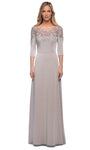 A-line Bateau Neck 3/4 Sleeves Back Zipper Open-Back Applique Illusion Natural Princess Seams Waistline Evening Dress