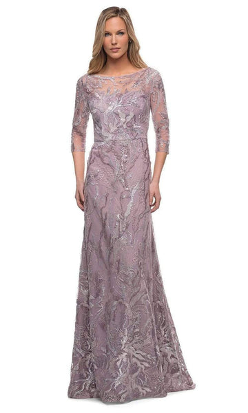 Sophisticated A-line Floor Length Natural Waistline Sheer Sleeves Sheer Fitted Embroidered Back Zipper Jeweled Neck Evening Dress with a Brush/Sweep Train
