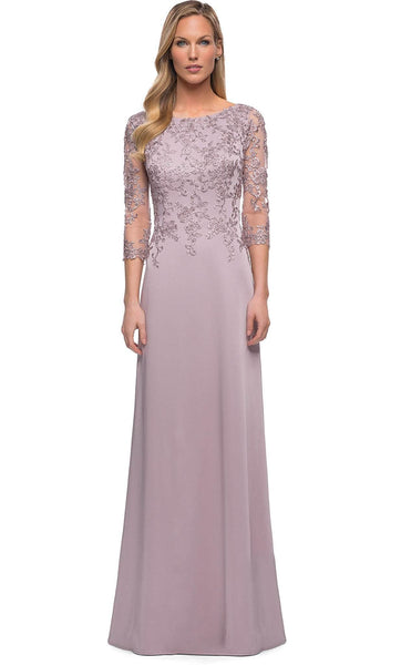 A-line Jeweled Neck Floor Length Fitted Embroidered Sheer Back Zipper Natural Waistline Mother-of-the-Bride Dress with a Brush/Sweep Train