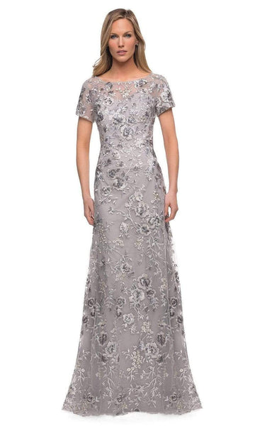A-line Back Zipper Embroidered Illusion Floor Length Floral Print Short Sleeves Sleeves Natural Waistline Jeweled Neck Mother-of-the-Bride Dress with a Brush/Sweep Train