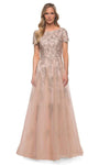 A-line Tulle Floral Print Floor Length Natural Waistline Jeweled Neck Flowy Embroidered Goddess Back Zipper Short Sleeves Sleeves Mother-of-the-Bride Dress with a Brush/Sweep Train