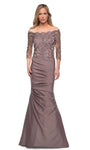 Jersey Natural Waistline 3/4 Sleeves Off the Shoulder Open-Back Fitted Beaded Back Zipper Applique Mermaid Evening Dress