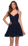 A-line V-neck Short Ruched Back Zipper Tulle Sleeveless Plunging Neck Natural Waistline Prom Dress With Rhinestones