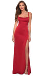 Sophisticated Satin Sheath Sleeveless Square Neck Natural Waistline Floor Length Open-Back Slit Fitted Back Zipper Sheath Dress with a Brush/Sweep Train