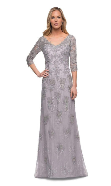 Sophisticated A-line V-neck Lace Natural Waistline Floor Length Floral Print Back Zipper Applique Mother-of-the-Bride Dress with a Brush/Sweep Train