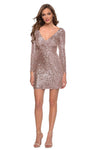 V-neck Cocktail Short Plunging Neck Asymmetric Sequined Back Zipper Crystal Long Sleeves Sheath Natural Waistline Sheath Dress