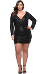 Plus Size Sophisticated V-neck Cocktail Short Fitted Sequined Hidden Back Zipper Sheath Long Sleeves Plunging Neck Natural Waistline Sheath Dress