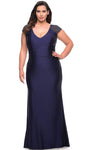 V-neck Jersey Sheath Cap Sleeves Back Zipper Ruched Natural Waistline Floor Length Short Sheath Dress With Rhinestones