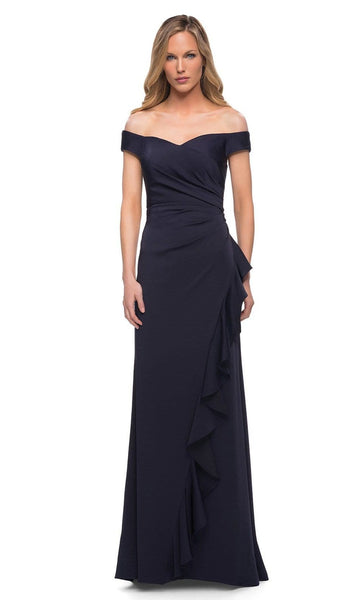 A-line Off the Shoulder Floor Length Open-Back Faux Wrap Back Zipper Ruched Natural Waistline Evening Dress/Party Dress With Ruffles