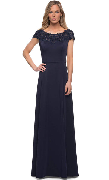 A-line Cap Sleeves Bateau Neck Natural Princess Seams Waistline Floor Length Open-Back Sheer Back Zipper Applique Evening Dress