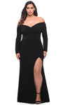 Plus Size V-neck Jersey Sheath Gathered Fitted Ruched Slit Back Zipper Long Sleeves Off the Shoulder Natural Waistline Sheath Dress/Evening Dress/Prom Dress with a Brush/Sweep Train