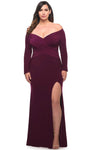 Plus Size V-neck Natural Waistline Fitted Back Zipper Ruched Slit Gathered Long Sleeves Off the Shoulder Jersey Sheath Sheath Dress/Evening Dress/Prom Dress with a Brush/Sweep Train