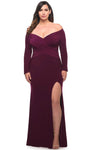 Plus Size V-neck Ruched Gathered Fitted Slit Back Zipper Jersey Natural Waistline Sheath Long Sleeves Off the Shoulder Sheath Dress/Evening Dress/Prom Dress with a Brush/Sweep Train