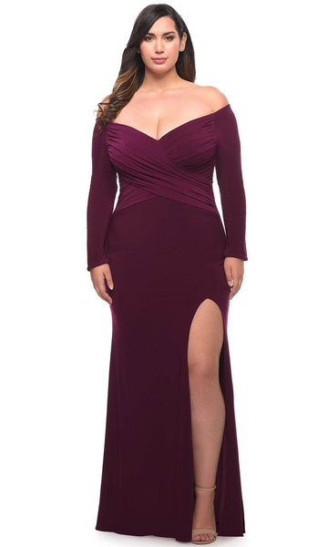 Plus Size V-neck Back Zipper Fitted Ruched Slit Gathered Jersey Long Sleeves Off the Shoulder Sheath Natural Waistline Sheath Dress/Evening Dress/Prom Dress with a Brush/Sweep Train