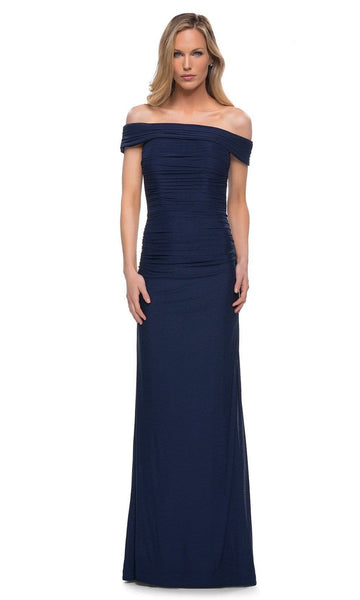 Floor Length Sheath Natural Waistline Jersey Off the Shoulder Ruched Open-Back Fitted Back Zipper Sheath Dress/Evening Dress/Mother-of-the-Bride Dress