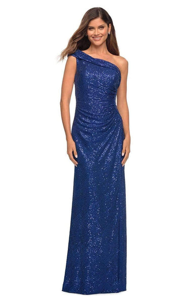 Sophisticated Ruched Slit Fitted Open-Back Back Zipper Sequined Asymmetric Sheath Natural Waistline One Shoulder Sleeveless Sheath Dress with a Brush/Sweep Train