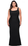 Open-Back Back Zipper Fitted Sheath Sleeveless Empire Waistline Square Neck Jersey Sheath Dress With Rhinestones