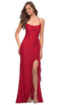 Sleeveless Spaghetti Strap Floor Length Square Neck Sheath Slit Lace-Up Fitted Open-Back Hidden Back Zipper Ruffle Trim Lace Natural Waistline Sheath Dress