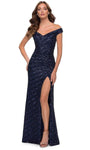 Natural Waistline Floor Length Fitted Slit Sequined Off the Shoulder Striped Print Sheath Sheath Dress/Evening Dress with a Brush/Sweep Train