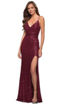 V-neck Spaghetti Strap Natural Waistline Sheath Cowl Neck Open-Back Slit Sequined Lace-Up Sheath Dress with a Brush/Sweep Train