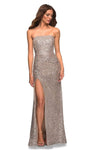 Strapless Straight Neck Sheath Natural Waistline Ruched Slit Sequined Floor Length Sheath Dress with a Brush/Sweep Train