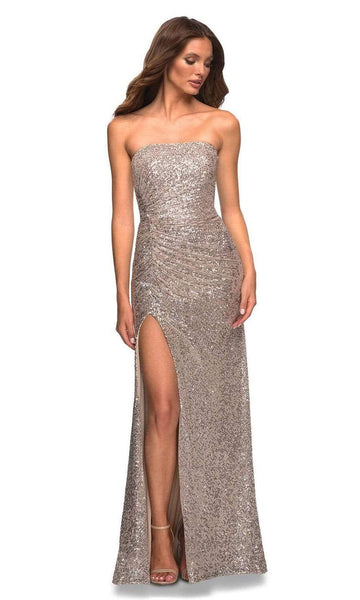 Strapless Sheath Natural Waistline Slit Sequined Ruched Straight Neck Floor Length Sheath Dress with a Brush/Sweep Train